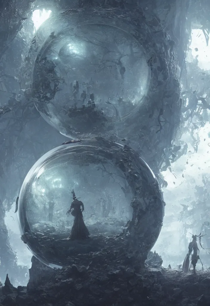 Image similar to a tiny world inside a crystal ball by greg rutkowski, sung choi, mitchell mohrhauser, maciej kuciara, johnson ting, maxim verehin, peter konig, bloodborne, 8 k photorealistic, cinematic lighting, hd, high details, dramatic, dark atmosphere, trending on artstation