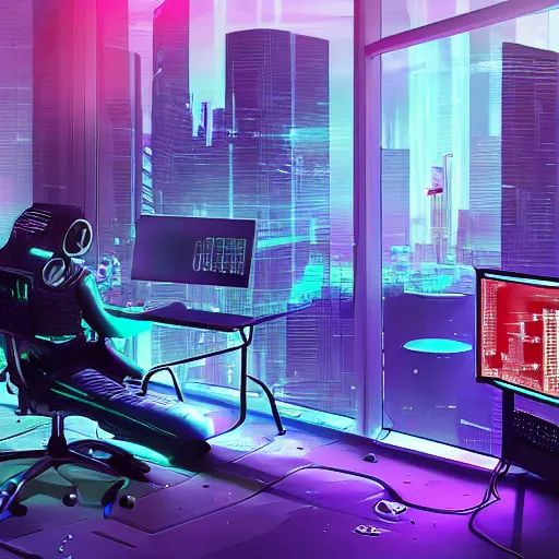 Image similar to a cyberpunk room, big windows overlooking a futuristic and neon city, in the middle of the room an otter typing on a computer terminal wearing big headphones, hyper realistic