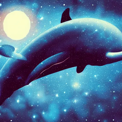 Prompt: portrait of space whale on a dark night sky in space, flying across the universe, oniric, dreamy, beautiful, highly detailed, realistic, cinematic, dynamic composition