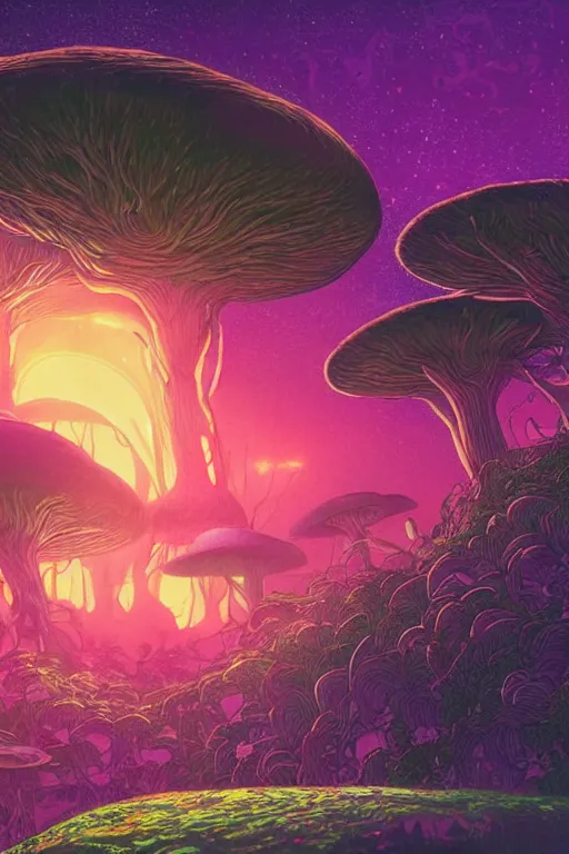 Image similar to concept art painting of an alien world with mushroom forests, artgerm, moebius, inio asano, toon shading, cel shading, calm, tranquil, vaporwave colors,