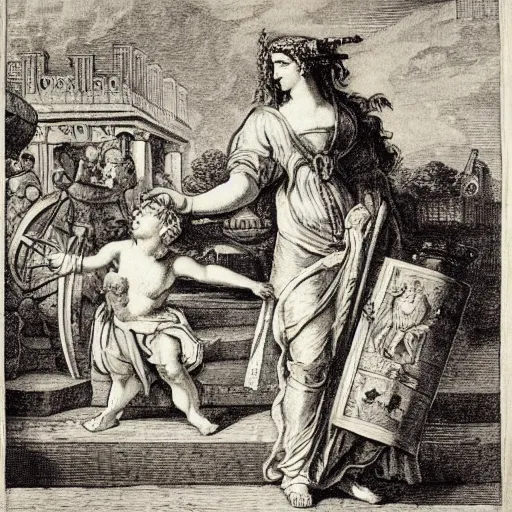 Image similar to Britannia, by William Hogarth, crosshatching, 18th century art