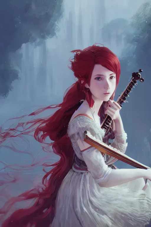 Prompt: highly detailed portrait of a young bard princess playing the lute, wavy vibrant red hair, white lace dress, cinematic lighting, dramatic atmosphere, by Dustin Nguyen, Akihiko Yoshida, Greg Tocchini, Greg Rutkowski, Cliff Chiang, 4k resolution, nier:automata inspired, bravely default inspired, luminous prairie background