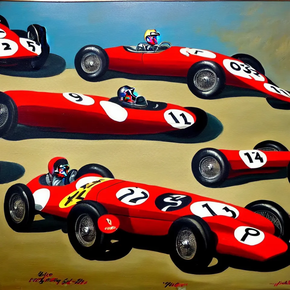 Image similar to a oil painting of a vintage car racing poster