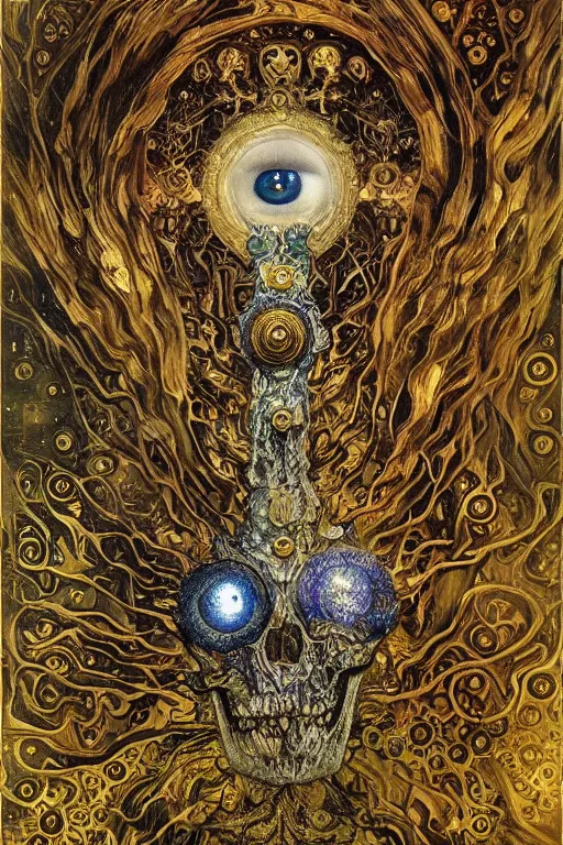 Prompt: The Skeleton Key by Karol Bak, Jean Deville, Gustav Klimt, and Vincent Van Gogh, mystic eye, otherworldly, ornate elaborate baroque skeleton key, keyhole, key wreathed in white flames, lightning, fractal structures, arcane, inferno, inscribed runes, infernal relics, ornate gilded medieval icon, third eye, spirals