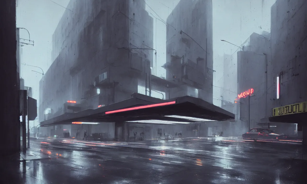 Image similar to high resolution photograph, streetscape, simple brutalist architecture, metal, concrete, wet streets, white neon lights, color neon signs, flying cars, pedestrians, greg rutkowski, syd mead, ralph mcquarrie, concept art, matte painting, finely detailed, minimal artifacts, rule of thirds, dynamic lighting, cinematic, denoised, centered, artstation