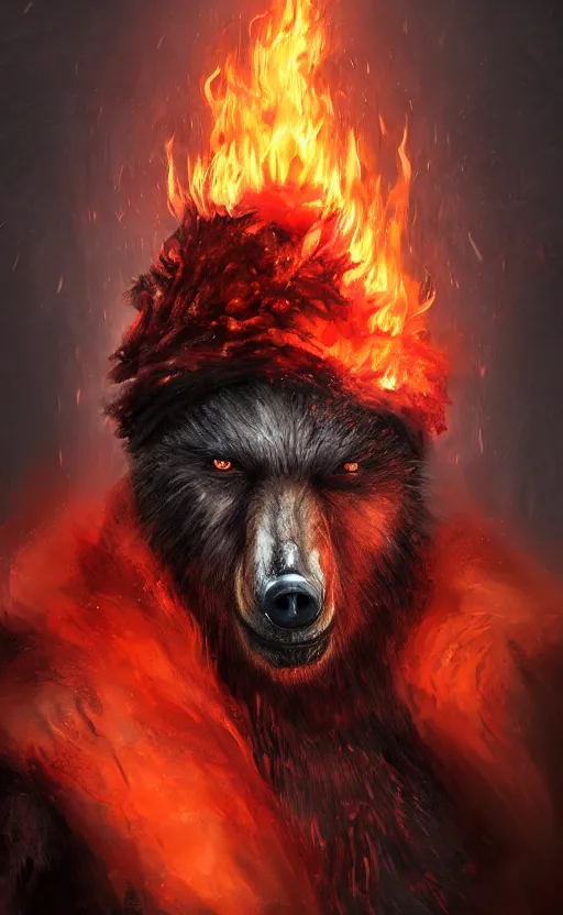 Prompt: Portrait of a bear beast-man wearing a turban with fire in his eyes wear, bloodborne concept art, trending on Artstation, photorealistic image, 8k.