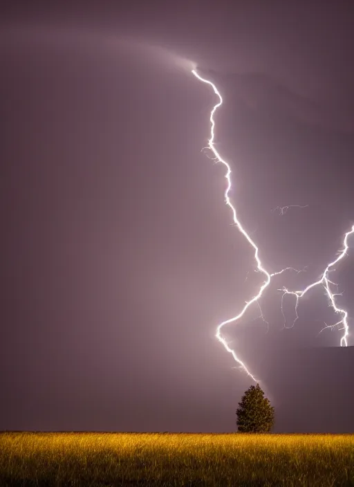 Prompt: a 2 8 mm macro photo of lightning striking the top of a tree in a field, long exposure, misty, night, splash art, movie still, bokeh, canon 5 0 mm, cinematic lighting, dramatic, film, photography, golden hour, depth of field, award - winning, anamorphic lens flare, 8 k, hyper detailed, 3 5 mm film grain