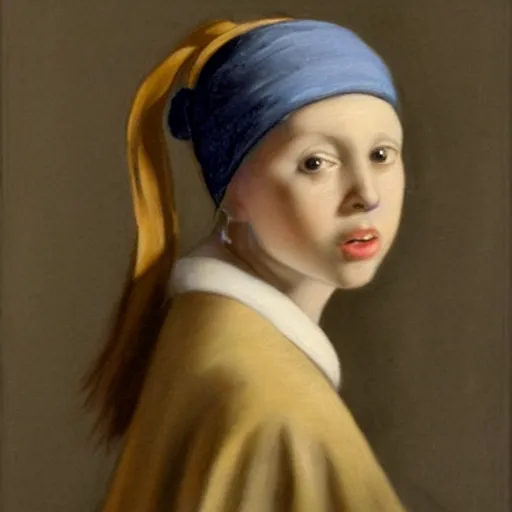 Image similar to a portrait of a young girl wearing a pearl earring. The girl is looking over her shoulder at the viewer with a sly expression on her face. naturalistic style with soft, muted colors. The girl's face is the only part of the painting that is in sharp focus. The rest of the painting is done in a soft, blurry style. The girl's face is lit from the left, creating a soft, halo-like effect around her head. The pearl earring is the only source of light in the painting. an oil tronie painting.