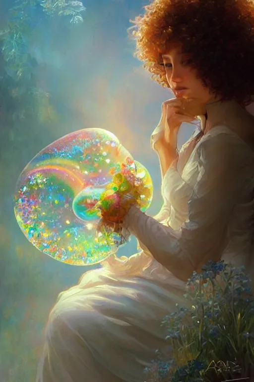 Image similar to bob ross, dreamy and ethereal,, fantasy, intricate, elegant, rainbow bubbles, highly detailed, digital painting, artstation, concept art, smooth, sharp focus, illustration, art by artgerm and greg rutkowski and alphonse mucha