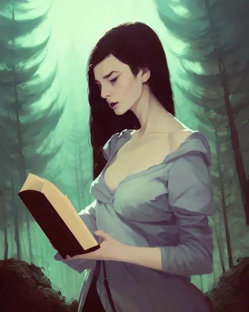 Image similar to hyper - realistic portrait of a woman with a magic book in the evil forest by atey ghailan, by greg rutkowski, by greg tocchini, by james gilleard, by joe fenton, by kaethe butcher, dynamic lighting, gradient light blue, brown, blonde cream and white color scheme, grunge aesthetic