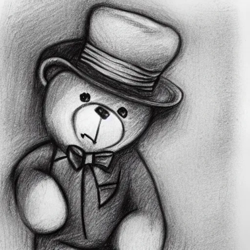 Prompt: suspicious teddy bear wearing a fedora, sneaking, looking around, in an alley, pencil sketch, black and white