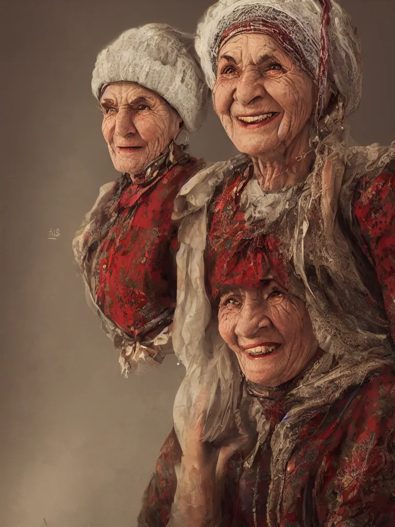 Prompt: picture of an old bulgarian woman, smiling, traditional clothes, cinematic, high quality, cgsociety, artgerm, 4K, UHD, trending on ArtStation