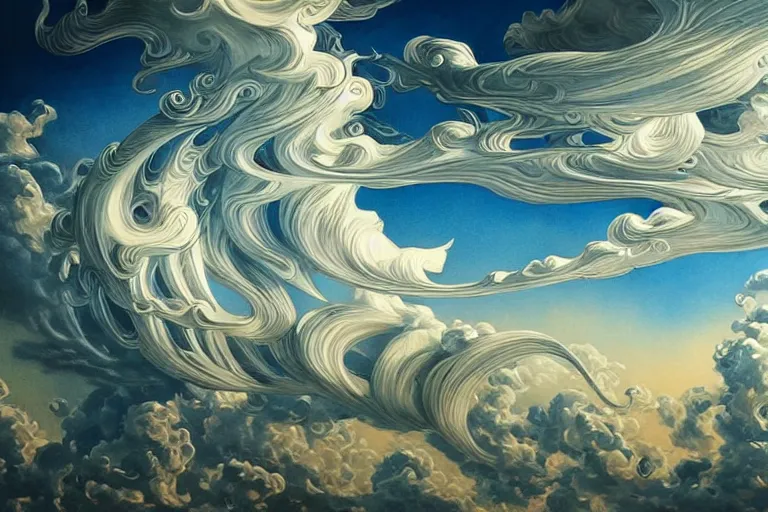 Image similar to a huge flock of many elaborate intricate smooth sculptural whirling elegant clouds puffy filigreed twisting turning cloud sculptures, tornadoes, art nouveau military environment, soothing, crepuscular, award winning art, epic dreamlike fantasy landscape, ultra realistic,