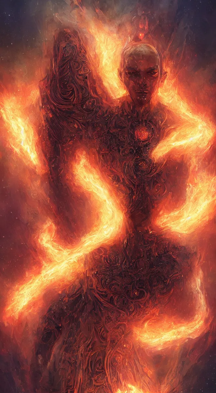 Image similar to full body concept art of human made with fire sparks by Marc Simonetti + beautiful eyes, beautiful face + symmetry face, symmetry body + border and embellishments inspiried by occult insignia, fire in the background, galaxy + highly detailed, intricate complexity, epic composition, magical atmosphere + masterpiece, award winning + trending on artstation