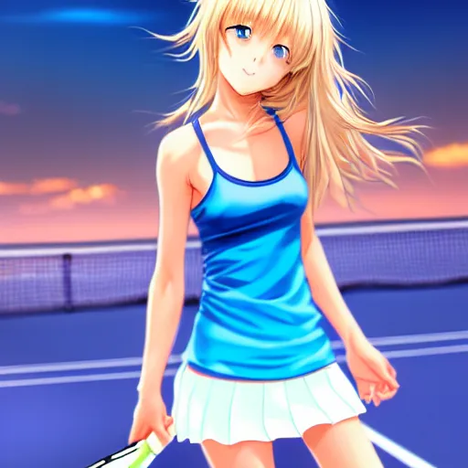 Prompt: a very beautiful young anime tennis girl, full body, head, long wavy blond hair, sky blue eyes, full round face, short smile, bikini, miniskirt, front view, mid - shot, highly detailed, cinematic wallpaper by stanley artgerm lau