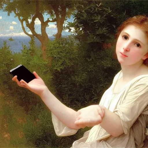Prompt: a glorious oil painting of an angel talking with an iPhone, by Bouguereau, highly realistic and intricate