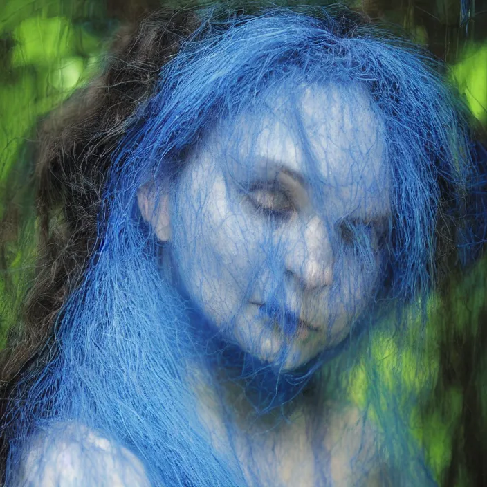 Prompt: closeup portrait of a woman wrapped in blue fiber, standing in a rainforest, color photograph, by vincent desiderio, canon eos c 3 0 0, ƒ 1. 8, 3 5 mm, 8 k, medium - format print