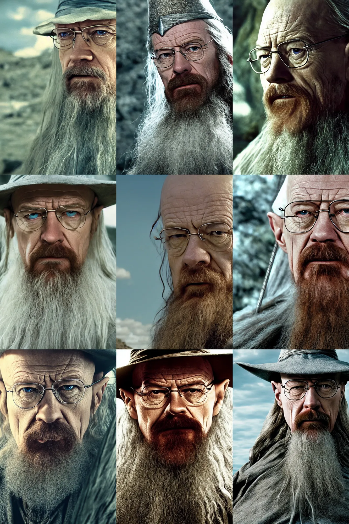 Prompt: Walter White as Gandalf, movie still from Lord of the Rings, ultra high definition, 4k, film grain