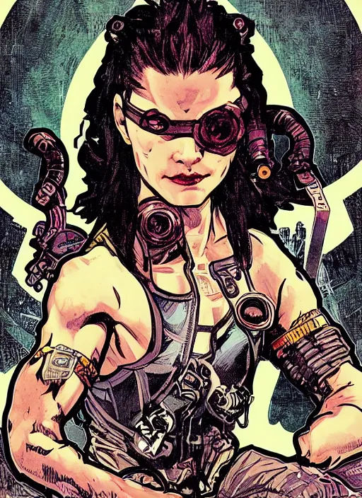 Prompt: cyberpunk gymnast. portrait by ashley wood and alphonse mucha and laurie greasley and josan gonzalez and james gurney. splinter cell, apex legends, rb 6 s, hl 2, d & d, cyberpunk 2 0 7 7. realistic face. character clothing. vivid color. dystopian setting.