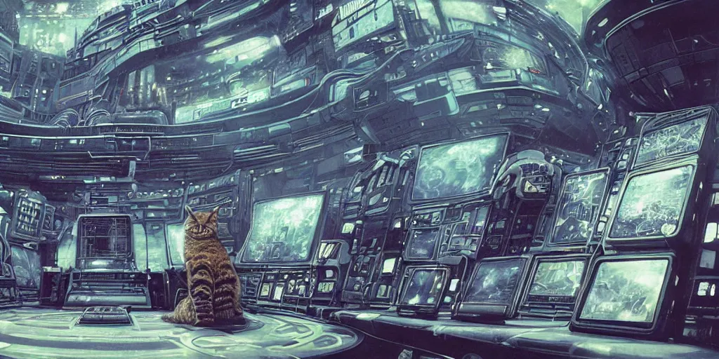 Prompt: wide angle photo view of a giant cat in a biomechanical suit inside a futuristic space station with many screens, dials, wires, cyberpunk art by Moebius, retrofuturism, matte painting