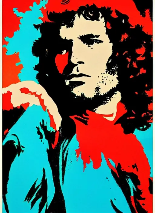 Prompt: Jim Morrison Poster, 1970's, Art Poster, screen print, Cream paper, black, red and cyan ink