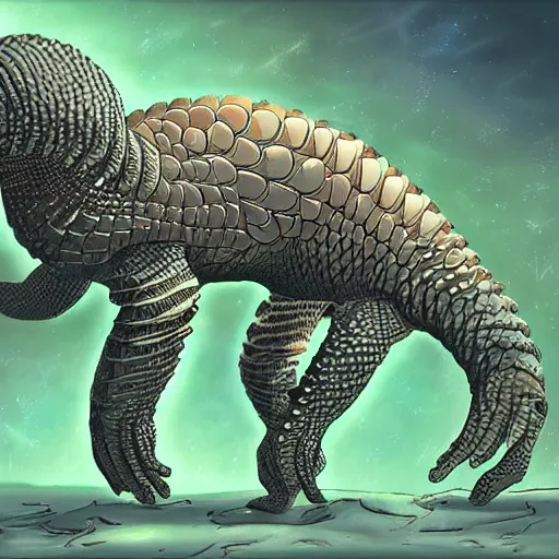 Prompt: an alien cyborg pangolin, digital art, highly detailed, fantasy, space background