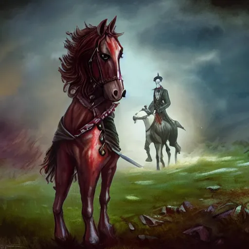 Image similar to Strahd Van Zarovich standing beside flamming horse, digital art