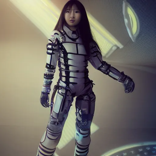 Prompt: a portrait of a full body beautiful futuristic asian girl, young with long hair, wearing dead space suit, hyper - realistic, very detailed, intricate, very sexy pose, slight smile expression, photo realistic, dramatic cinematic lighting, octane render, 4 k, ultra detailed