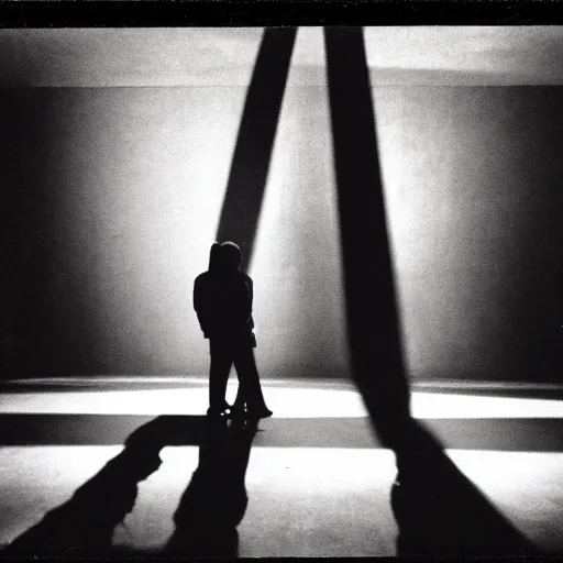 Prompt: Two male silhouettes on an empty theatre stage, polaroid picture, colour, bright