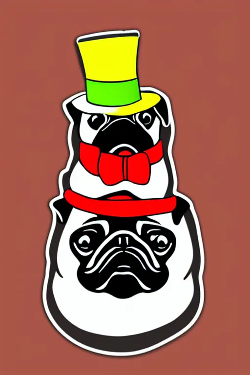 Image similar to A portrait of a pug wearing a top hat, sticker, colorful, illustration, highly detailed, smooth and clean vector curves, no jagged lines, vector art, smooth