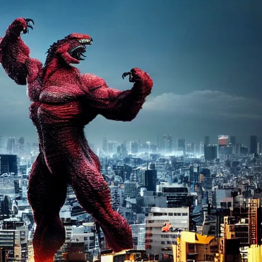 Image similar to giant hugh jackman rampaging through tokyo like godzilla, towering above the skyline