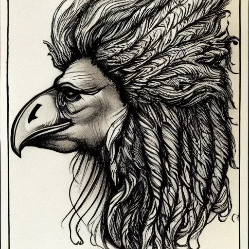 Prompt: human / eagle / lion / ox hybrid. horns, beak, mane, human body. drawn by da vinci