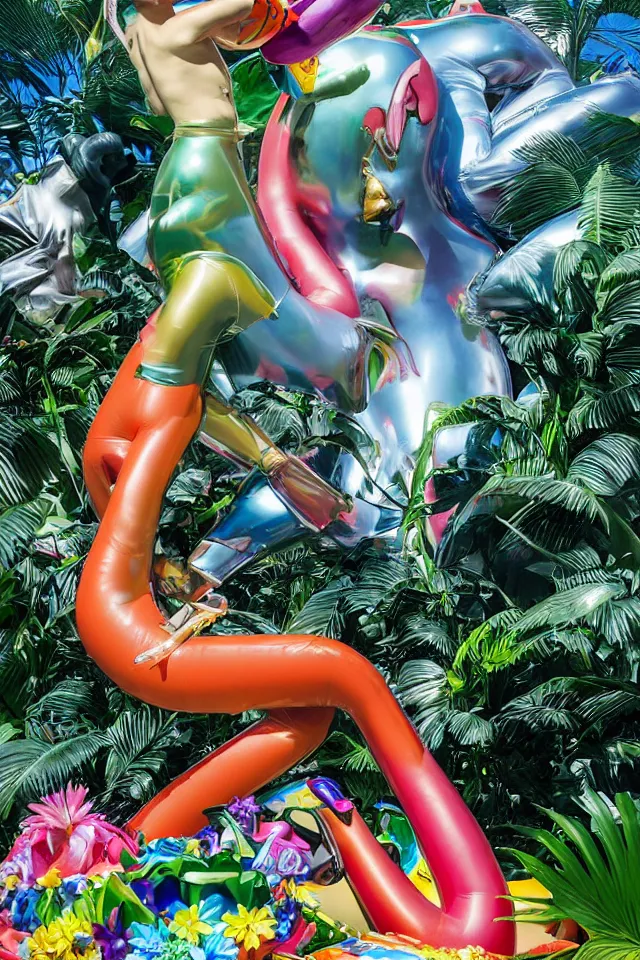 Prompt: an extreme close - up of a statue chrome cyborg lycra nymph battling a giant inflatable flamingo pool float, tropical flowers and monstera plants, explosions thick smoke, by jeff koons, hajime soryama, boris vallejo, artgerm, greg rutkowski, alphonse mucha