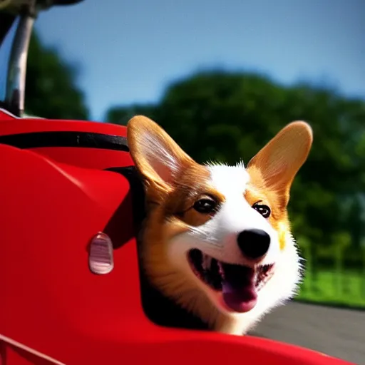 Prompt: corgi in a race car wearing a helmet, cute, happy, photorealism