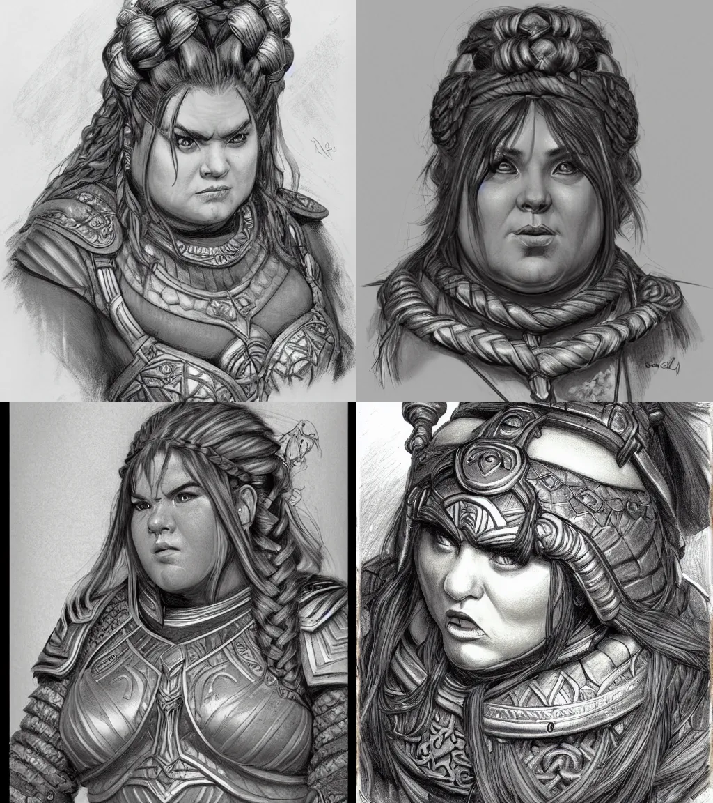Prompt: fat female dwarven warrior | complex braided hairstyle | pencil sketch | hyperdetailed | donato giancola | bust portrait | dungeons and dragons |