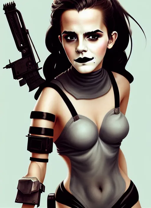 Image similar to portrait of cute goth emma watson in cyber bikini armor, warhammer, cyberpunk, by atey ghailan, by greg rutkowski, by greg tocchini, by james gilleard, by joe fenton, by kaethe butcher, by gustav klimt, dynamic lighting, gradient light blue, brown, blonde cream and white color in scheme, grunge aesthetic