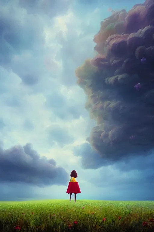 Image similar to closeup perspective, giant dahlia flower as head, girl standing on mountain, surreal photography, blue storm clouds, dramatic light, impressionist painting, digital painting, artstation, simon stalenhag