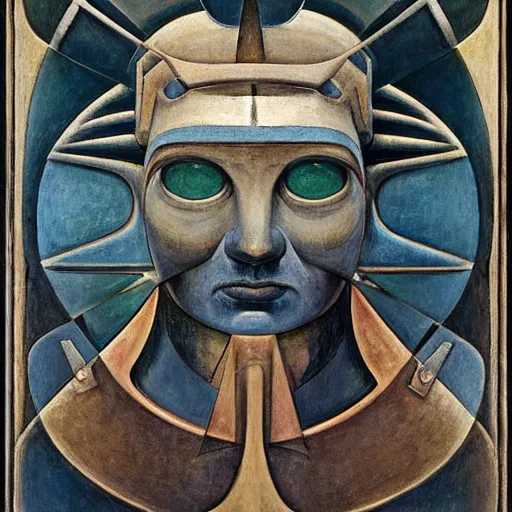 Image similar to head of a robot shaman, by annie swynnerton and edward hopper and jean delville and rufino tamayo and diego rivera and evelyn de morgan, art deco shaman, stylized geometric flowers, art brut, outsider art, symbolist, dramatic lighting, god rays, clean crisp graphics, smooth sharp focus, extremely detailed, adolf wolfli