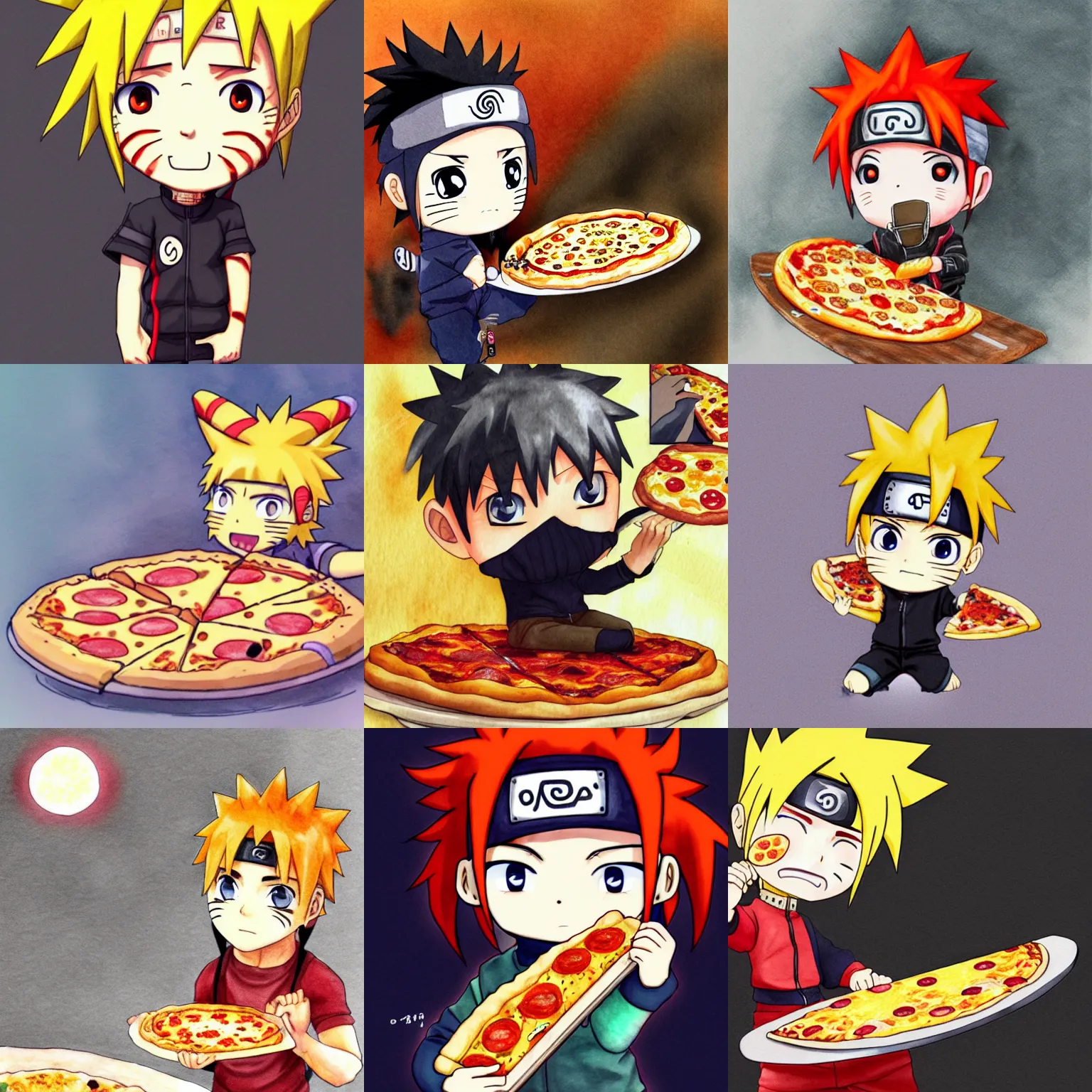 Prompt: official chibi Naruto eating a pizza,,high definition, 4k, HDR, pencil drawing, eating, munching pizza, watercolor, dramatic lighting, cinematic, extremly high detail, cinematic lighting, trending in artstation, intricate line drawings, Artgerm, post processed, artstation, matte painting, Chibi Naruto biting into a pizza