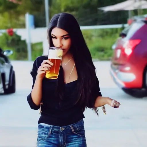 Prompt: Madison Beer drinking beer in the parking lot, realistic, sunset 😂😂😂☺️☺️☺️