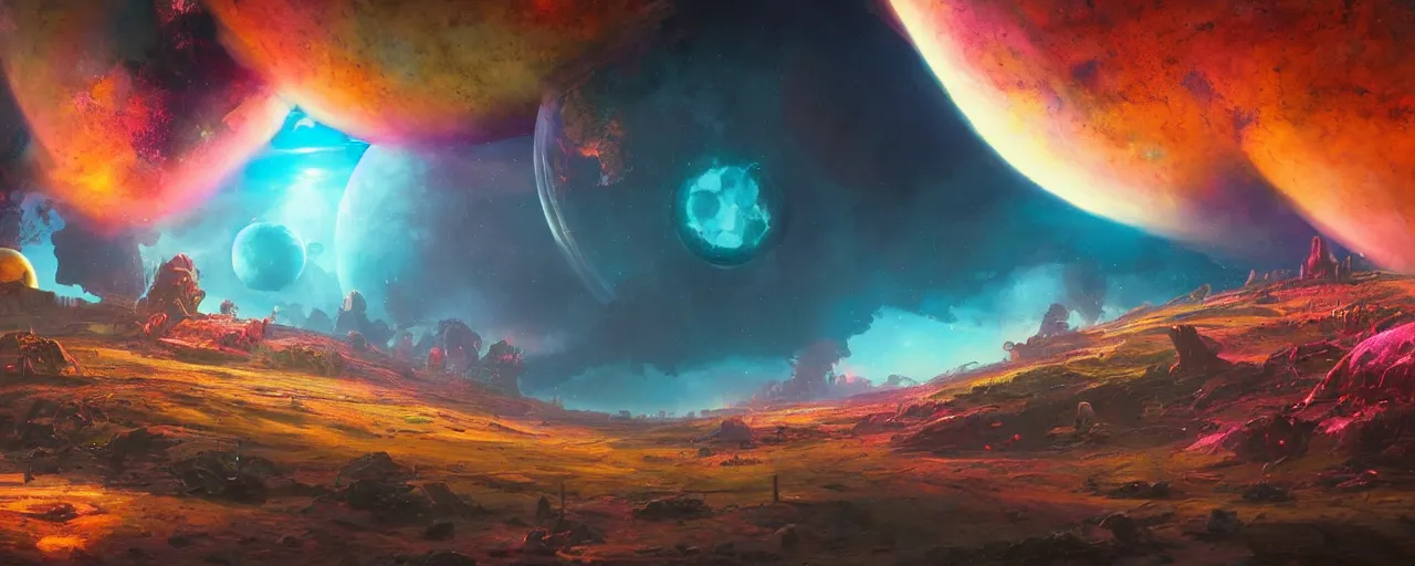 Prompt: ” gas planet, [ cinematic, detailed, epic, widescreen, opening, establishing, mattepainting, photorealistic, realistic textures, octane render, art by paul lehr ] ”