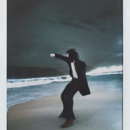 Image similar to 9 0 s polaroid photograph of norman reedus wearing a trenchcoat at night, dancing on a beach during cloudy weather, vignette