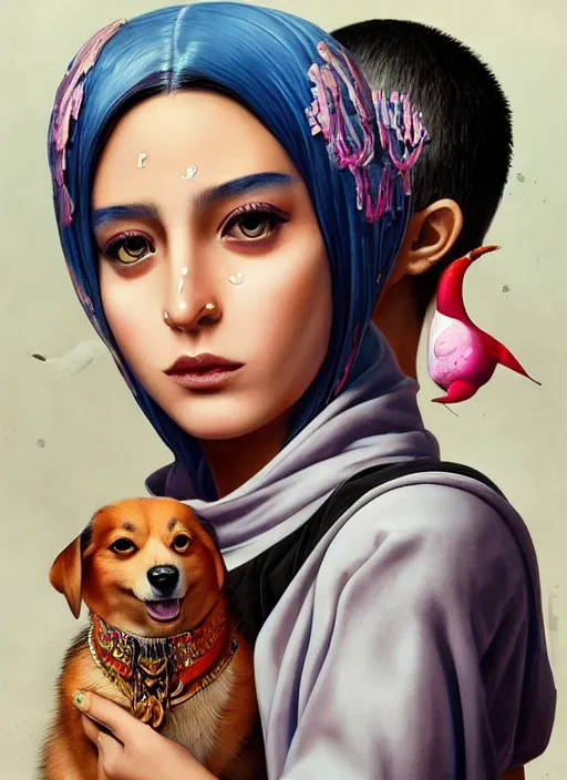 Prompt: beautiful portrait painting of a beautiful attractive lofi middle eastern cyberpunk princess and her corgi assassin king, by Afarin Sajedi, Alessandro Barbucci, Alex Gross, Shin Jeongho, Shohei Otomo. trending on Artstation, 8k, masterpiece, face enhance, graffiti paint, fine detail, full of color, intricate detail, golden ratio illustration