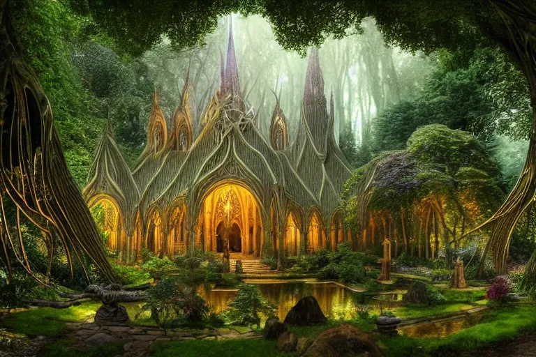 Prompt: a beautiful and highly detailed digital painting of an elven cathedral in a beautiful garden in a mystical forest, lothlorien, rivendell, mirkwood, celtic designs, intricate details, epic scale, hyperdetailed, hyperrealism,, artstation, cgsociety, 8 k, sharp focus, by caspar friedrich, james gurney, brian froud,