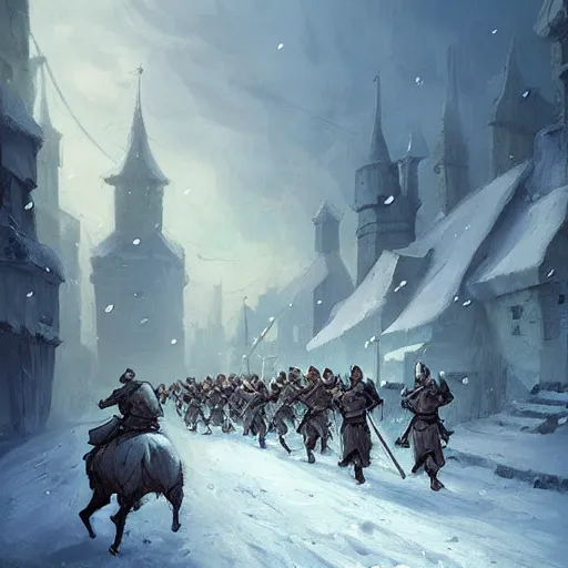 Prompt: an army marching in winter, frost, medieval soldiers marching, fantasy concept art, by andreas rocha