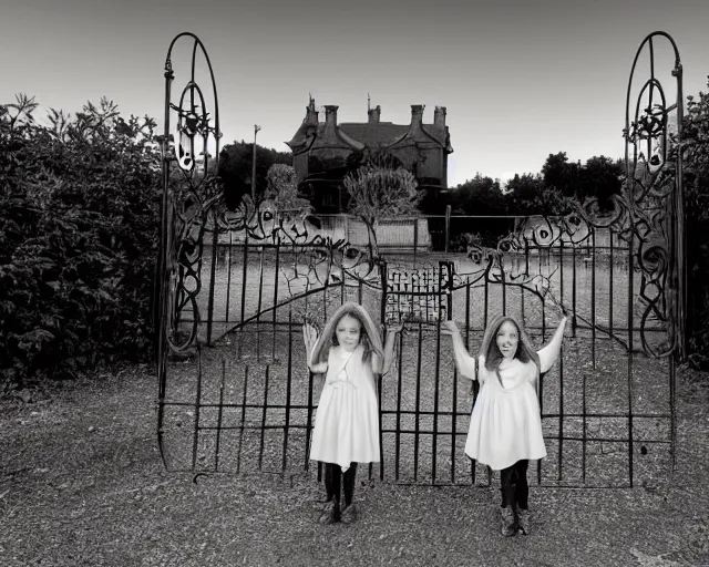 Image similar to black and white photo of Spooky Twin girls standing in front of a Victorian wrought iron gate at sunset