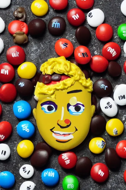 Image similar to eminim as a literal m & m, an m & m candy with the face of the rapper eminiem