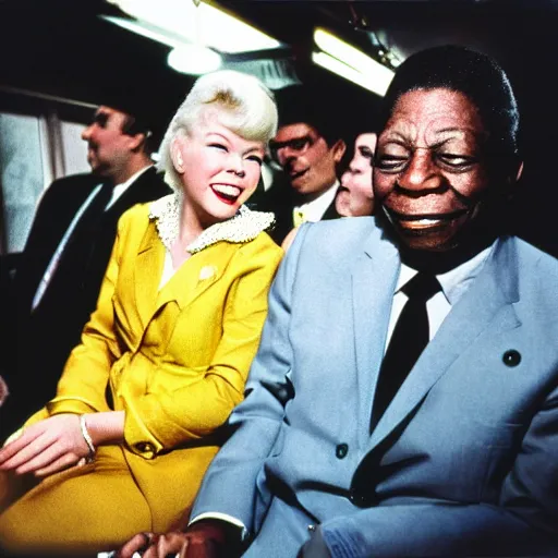 Prompt: Ektachrome slide of B.B. King and Doris Day riding the NYC subway