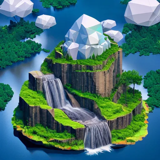 Image similar to manhattan and waterfalls on a floating island in the sky, low poly art, isometric art, 3d render, ray tracing, high detail, artstation, concept art, behance, smooth, sharp focus, ethereal lighting, unreal engine 5