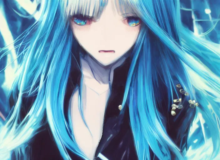 Image similar to rimuru with sky blue straight hair, bangs, amber eyes, gold eyes, wearing a black studded jacket, high collar, ultra detailed, concept art, mean look, award winning photography, digital painting, cinematic, by wlop, anime key visual, closeup, pixiv, 8 k, yoshitaka amano, ilya kuvshinov,